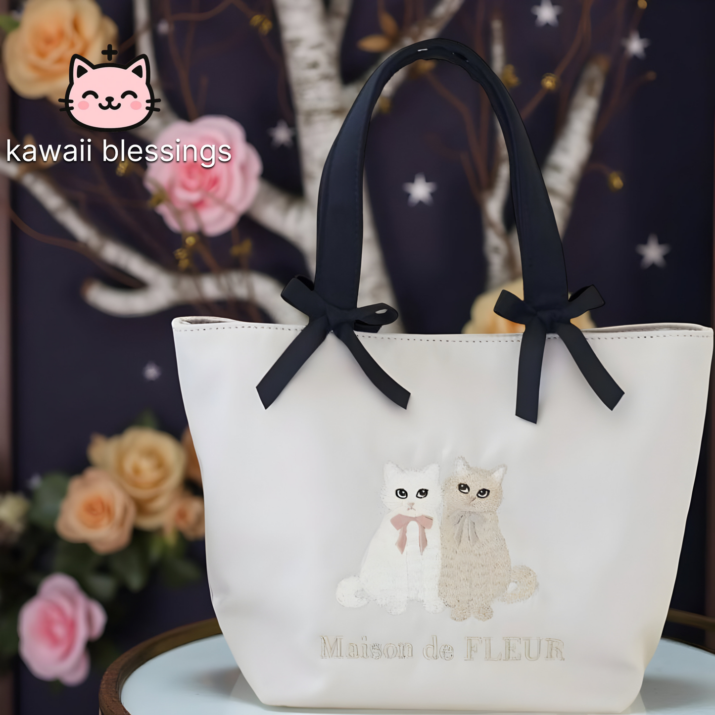 Maison de FLEUR Cat Embroidered Canvas Tote Bag